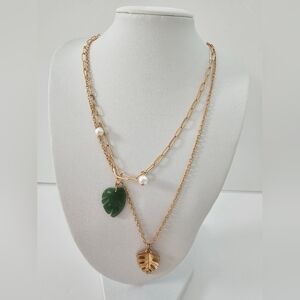 Claire's Gold and Green Monstera Leaf Pendant Necklaces Two Paperclip Chain